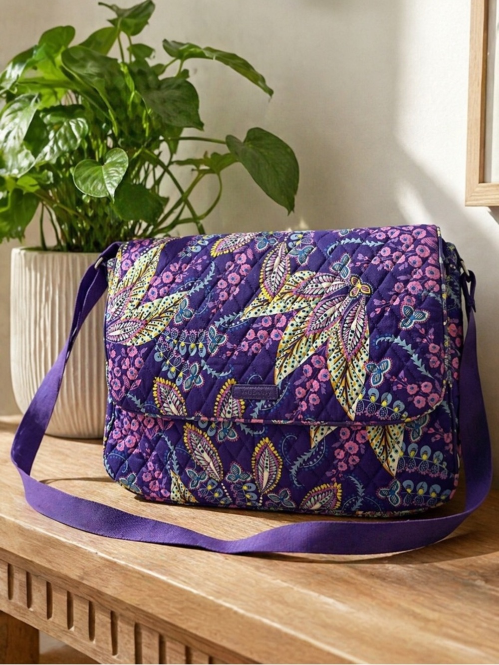 Vera Bradley Purple Floral Quilted Messenger Bag Laptop Bag Adjustable Strap